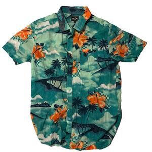 Billabong Hawaiian Shirt Unisex Small Teal Tropical Floral Button Up Short Sleev
